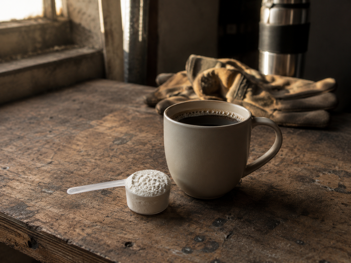 Scoop of creatine monohydrate powder beside a mug of black coffee on a workbench