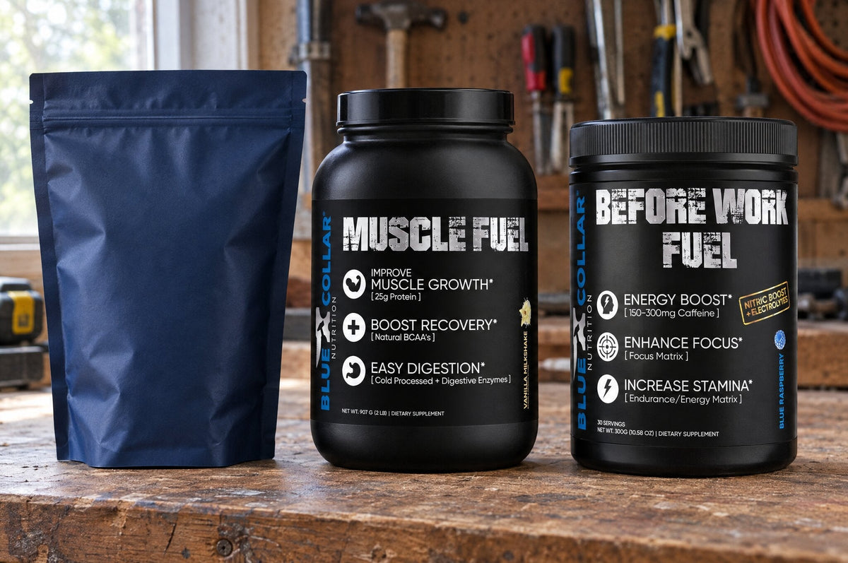 Supplement facts panel comparison between an all-in-one meal shake and single-purpose supplement bottles
