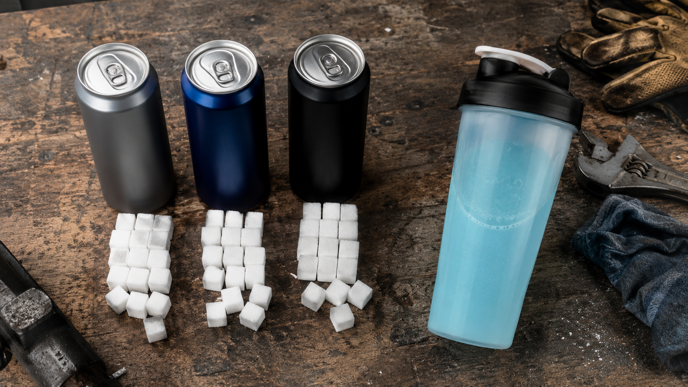 Sugary canned energy drinks next to sugar cubes showing why energy drinks cause weight gain