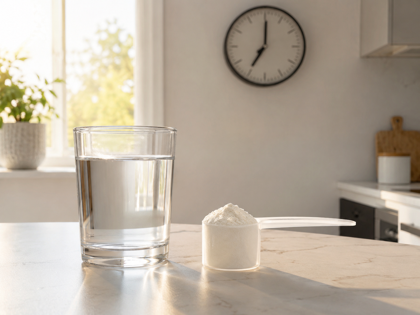 Scoop of pure creatine monohydrate beside a glass of water and a wall clock showing a fasting window