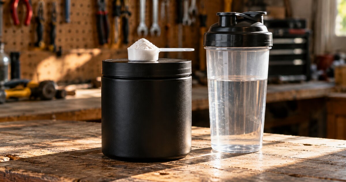 Scoop of creatine monohydrate powder next to a shaker bottle on a workbench