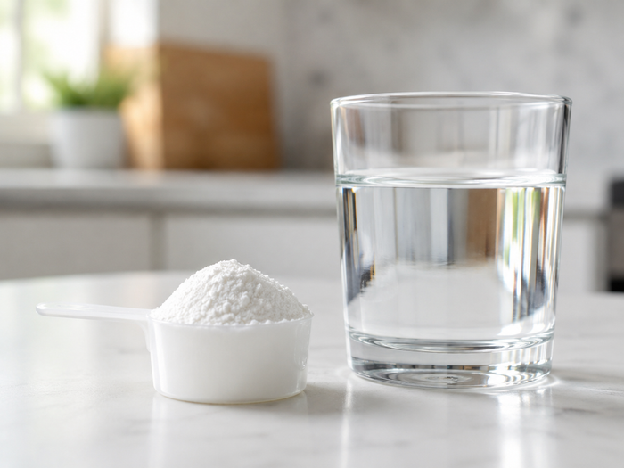 Scoop of creatine monohydrate powder beside a glass of water on a kitchen counter