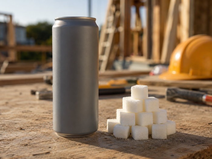 Pile of sugar cubes next to an unbranded energy drink can on a jobsite workbench showing 54 grams of sugar