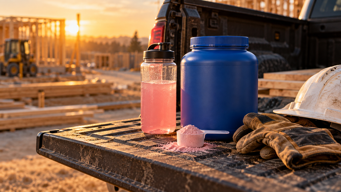 Scoop of amino acid powder next to a protein shaker on a job site tailgate, comparing EAA and BCAA supplements