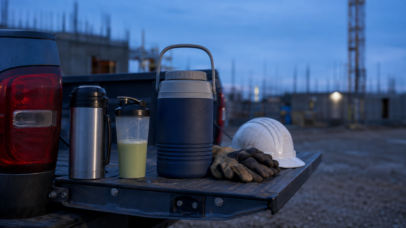 Powdered energy drink mixed in a bottle beside a coffee thermos and water jug on a jobsite tailgate