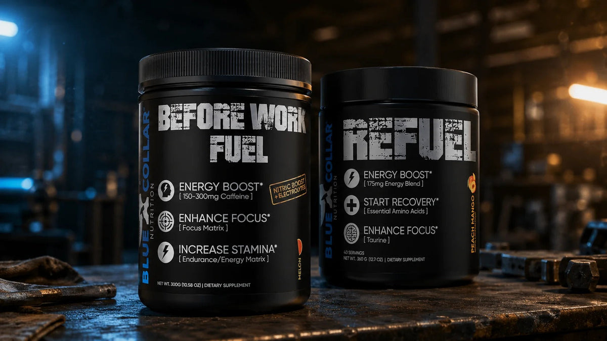 Blue Collar Nutrition Before Work Fuel and Refuel on an industrial workbench for long workday energy, focus, and recovery.