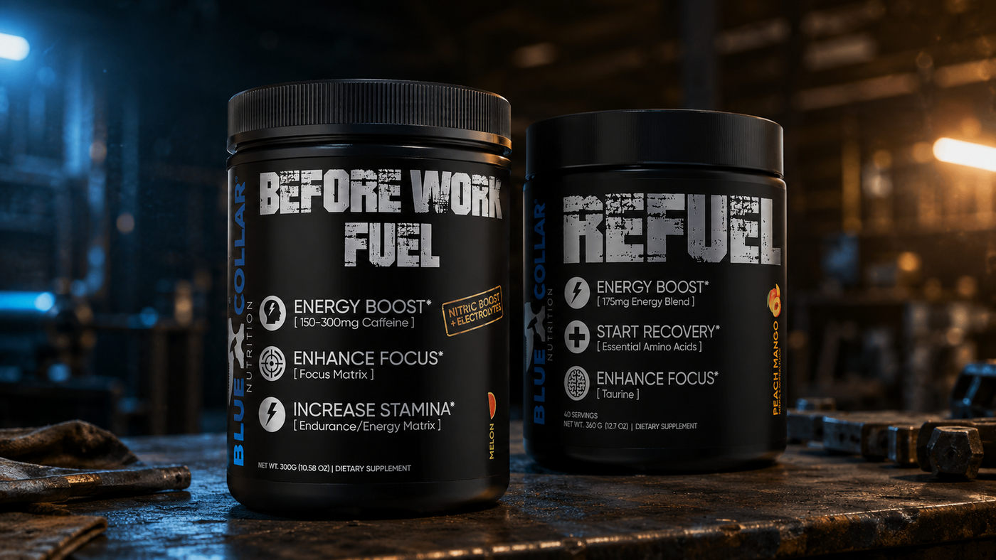 Energy drinks for long workdays — Blue Collar Nutrition Before Work Fuel and Refuel powders on a workshop bench, the cleaner alternative to gas station energy drinks for hard workers running 10-12 hour shifts