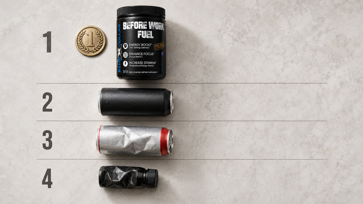 Healthiest energy drinks ranked — Before Work Fuel powdered energy drink shown at the top of a 4-tier ranking framework
