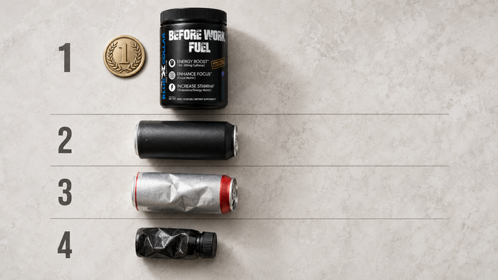 Healthiest energy drinks ranked — Before Work Fuel powdered energy drink shown at the top of a 4-tier ranking framework
