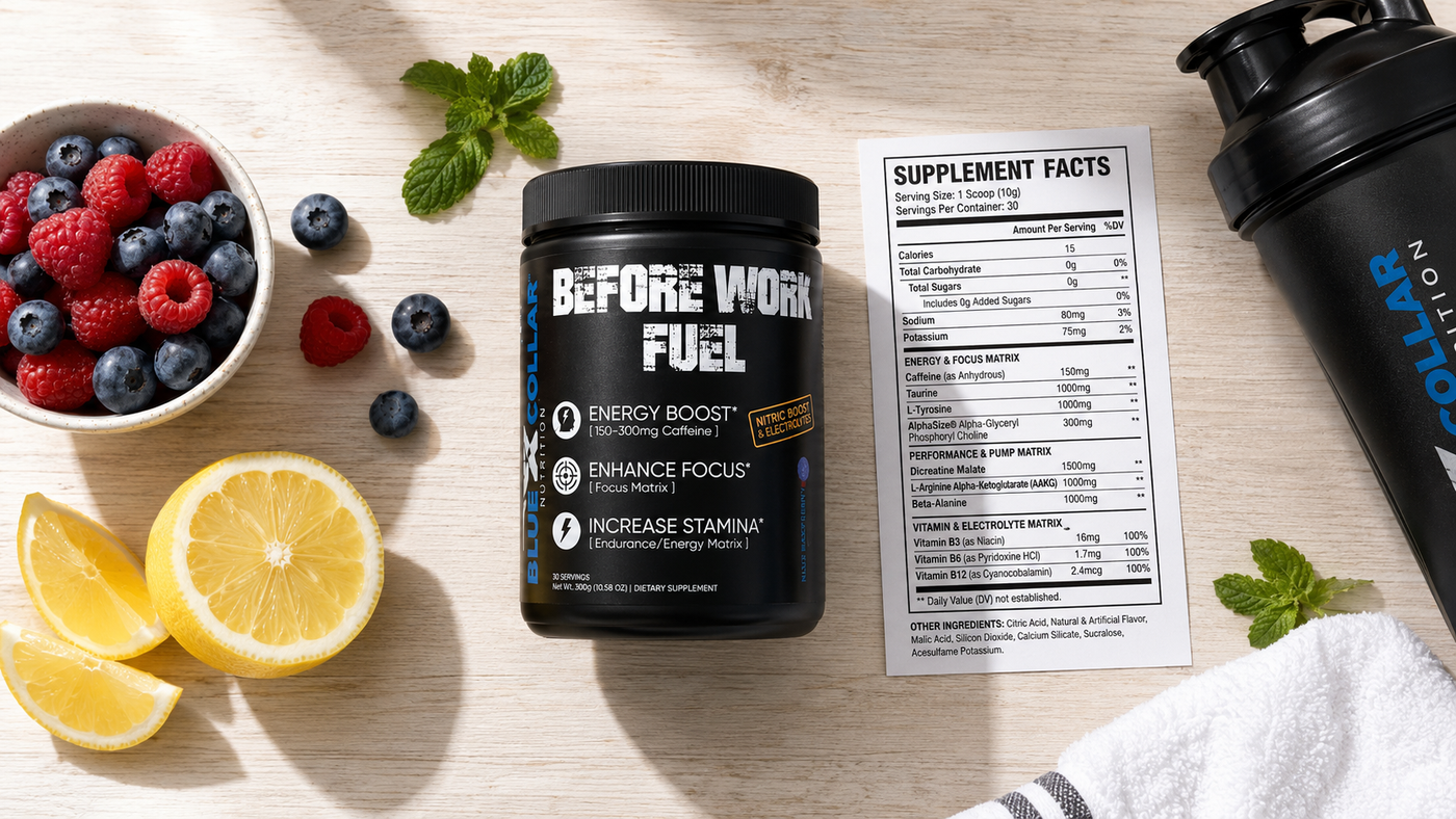 Healthy energy drinks — Before Work Fuel powdered energy drink shown next to its supplement facts label highlighting clean ingredients