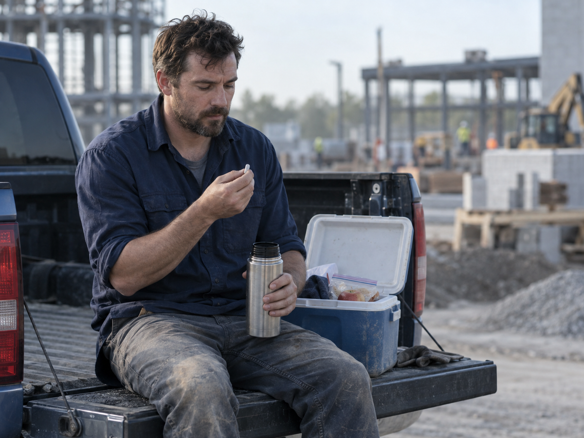 Worker taking a daily probiotic capsule alongside a packed lunch at a job site