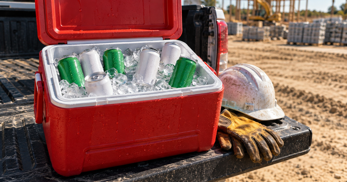 Cold energy drink cans in a work cooler on a construction site tailgate