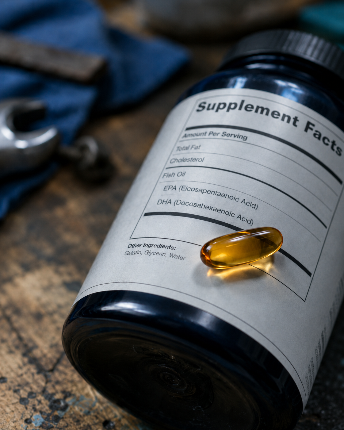 Omega-3 fish oil softgel next to a supplement facts panel, illustrating how to read EPA and DHA for daily fish oil dosage