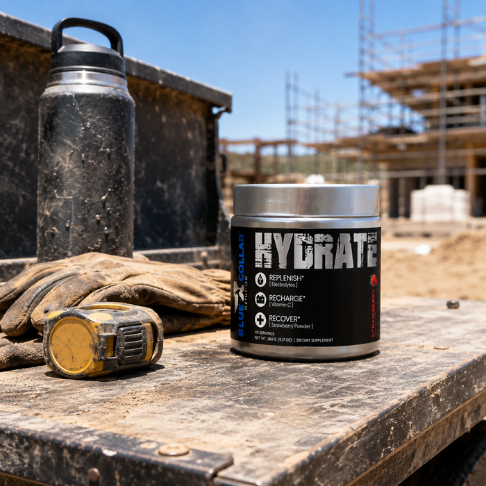 Hydrate sugar free electrolyte powder on a work bench in direct summer sun