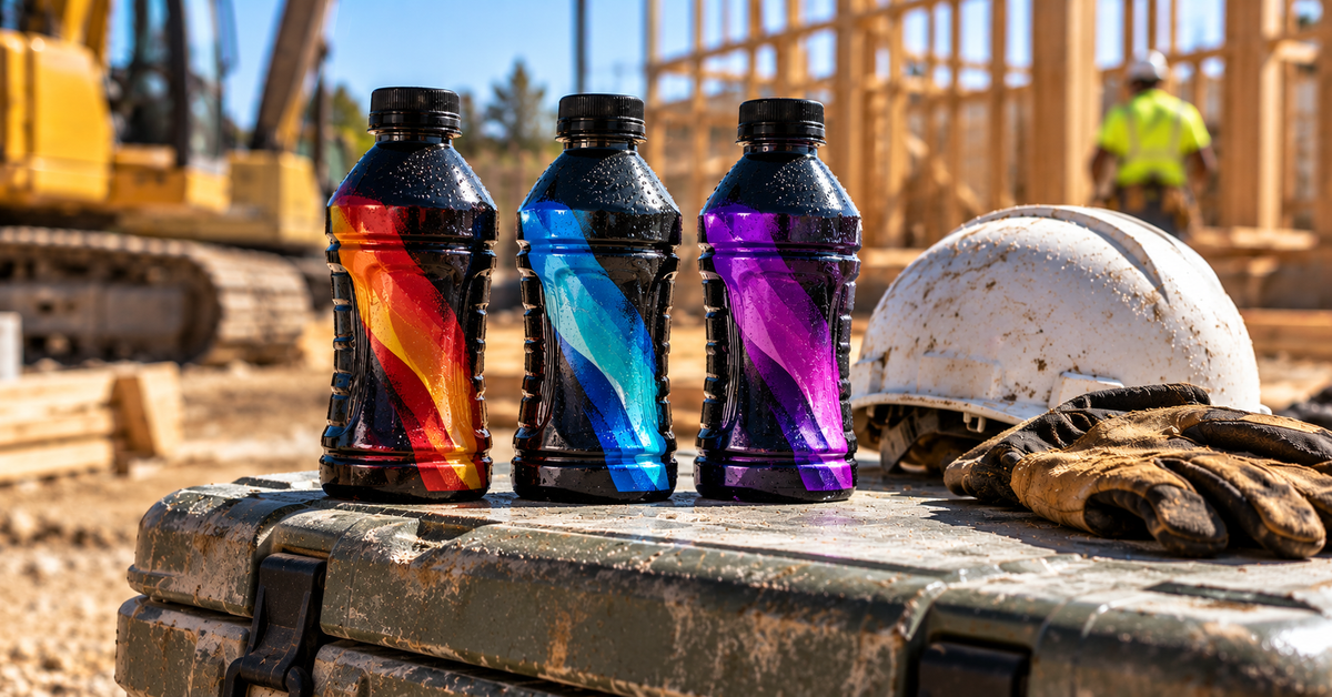 Unbranded sports drink bottles on a cooler at a construction site in the sun