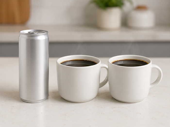 Plain unbranded slim energy drink can next to two cups of coffee showing 200 mg of caffeine