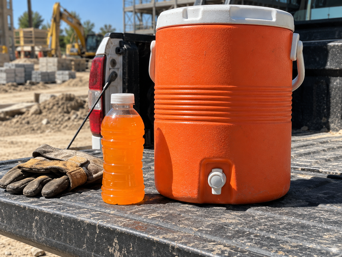Bottle of regular Gatorade next to a water jug on a job site tailgate