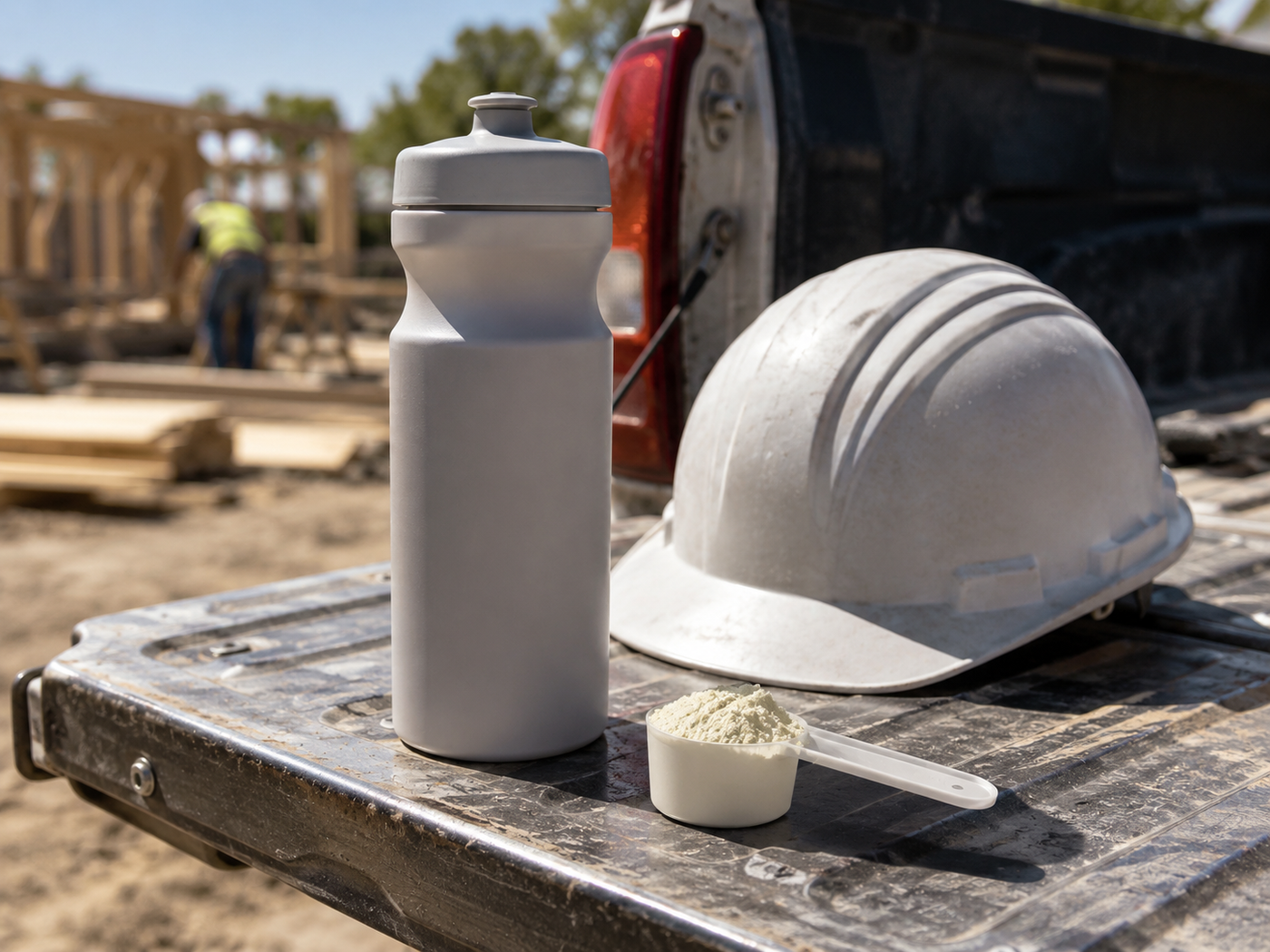 Electrolyte drink powder and a bottle on a work truck tailgate in the sun