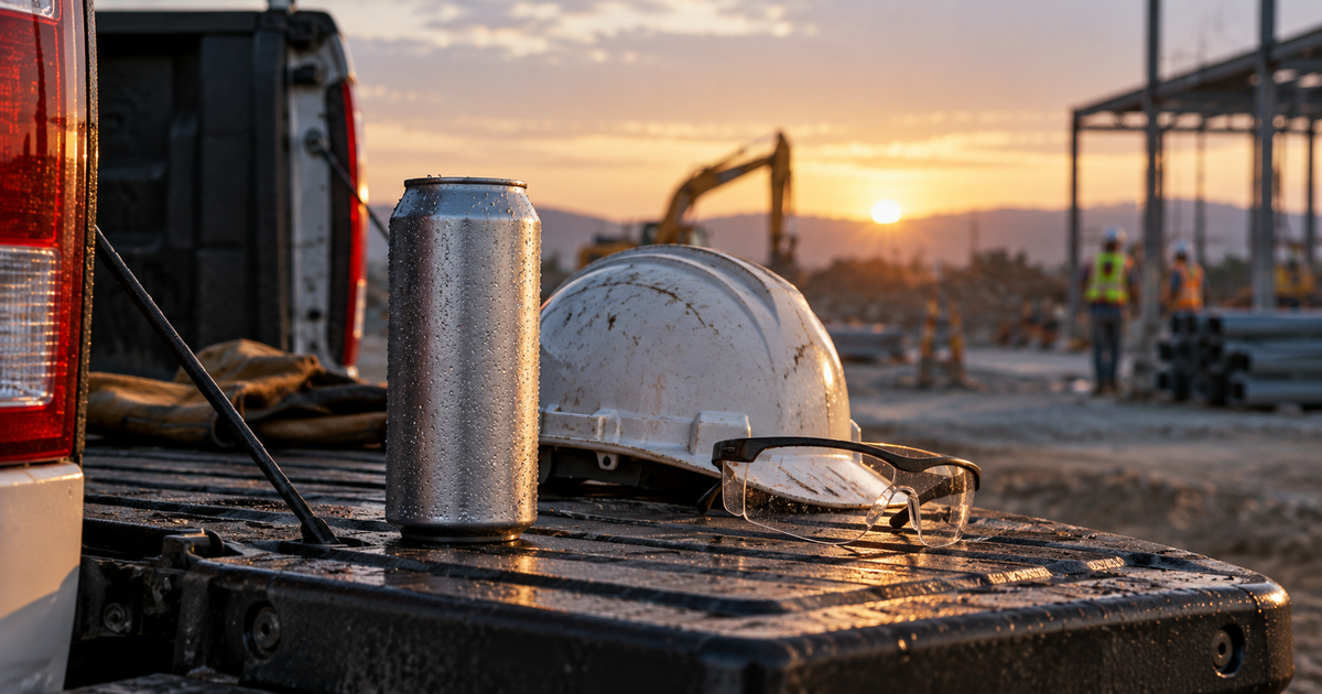 Unbranded energy drink can on a tailgate next to a hard hat and safety glasses