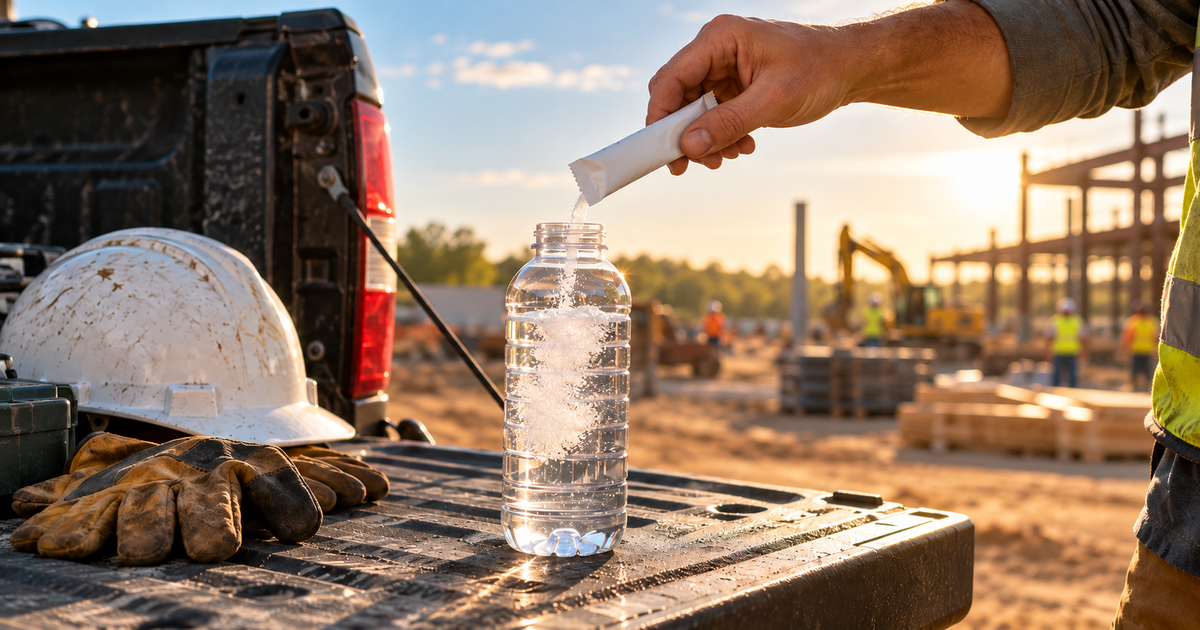 Electrolyte drink mix stick being poured into a water bottle on a job site tailgate
