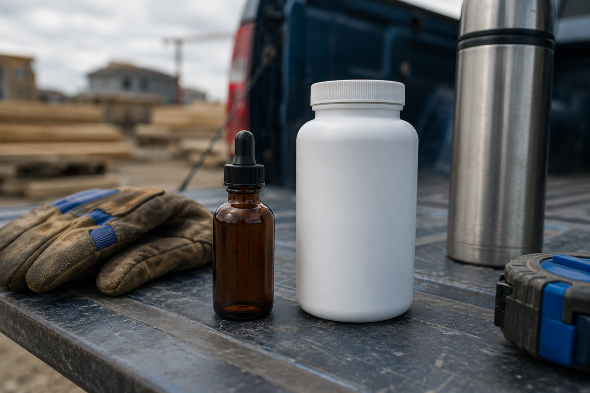 Plain dropper bottle and a capsule supplement bottle side by side on a truck tailgate at a job site, comparing liquid fat burner and pill formats