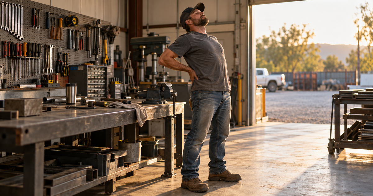 Worker standing at a workbench on a concrete shop floor, stretching his lower back during a break