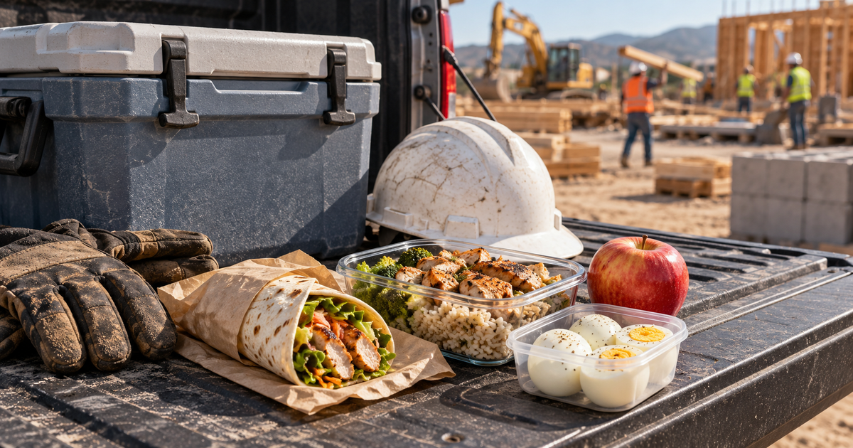Construction worker's packed lunch on a truck tailgate with a wrap, rice bowl, fruit and an insulated cooler