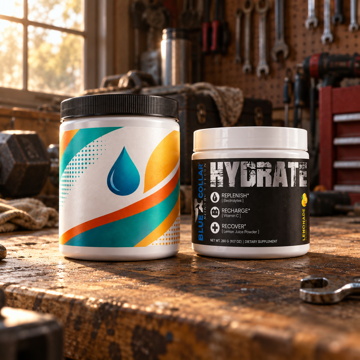 Manolytes electrolyte powder jar next to Blue Collar Nutrition Hydrate and Creatine containers on a worksite bench