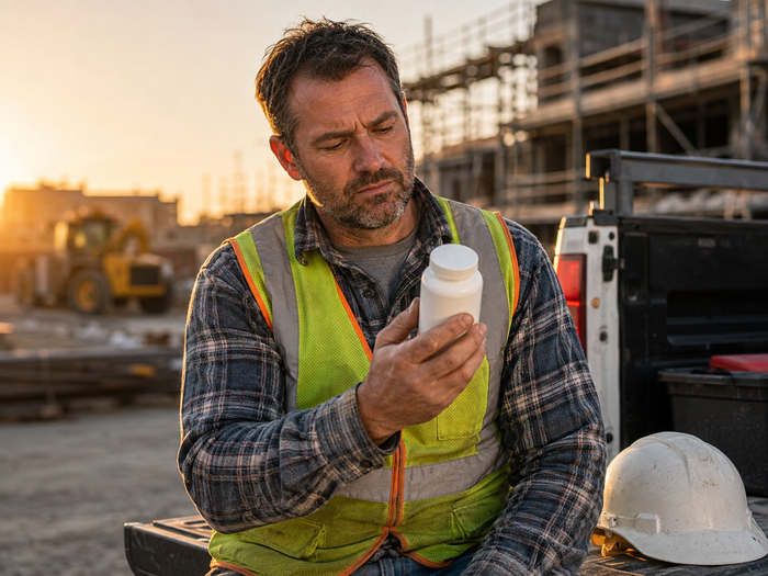 Blue collar worker reading a supplement facts label on a jobsite before his shift