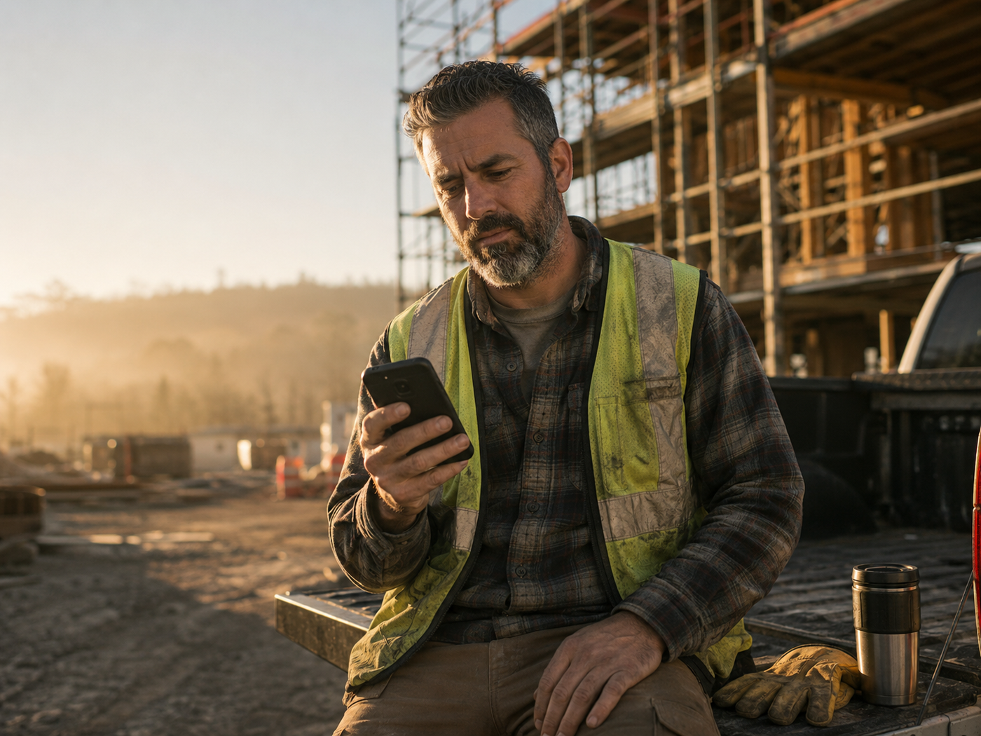Construction worker sitting on a truck tailgate at sunrise, comparing supplement options on his phone