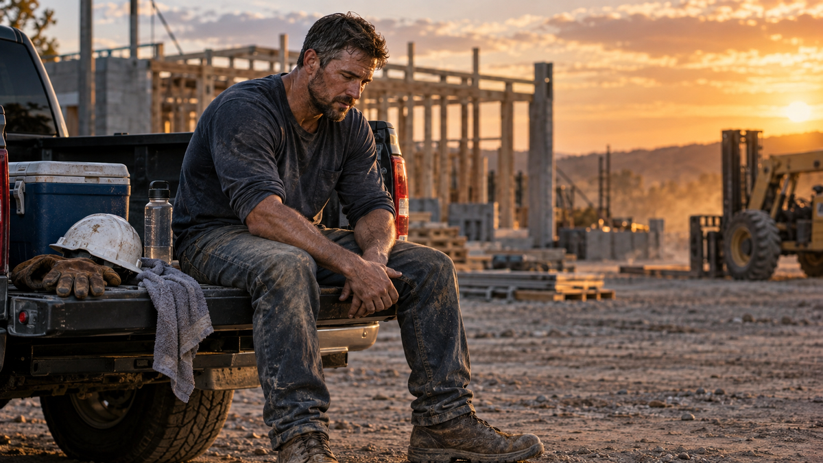 Construction worker resting on a truck tailgate after a physically demanding shift at a jobsite.