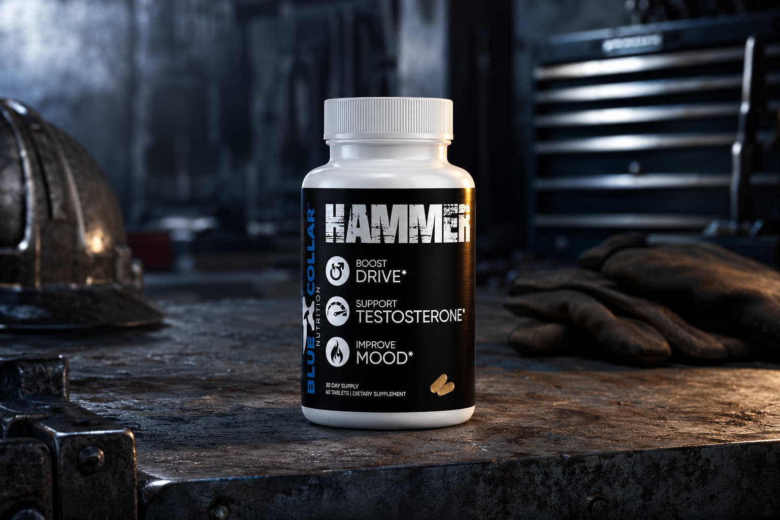 Blue Collar Nutrition Hammer natural testosterone booster supplement bottle for hardworking men