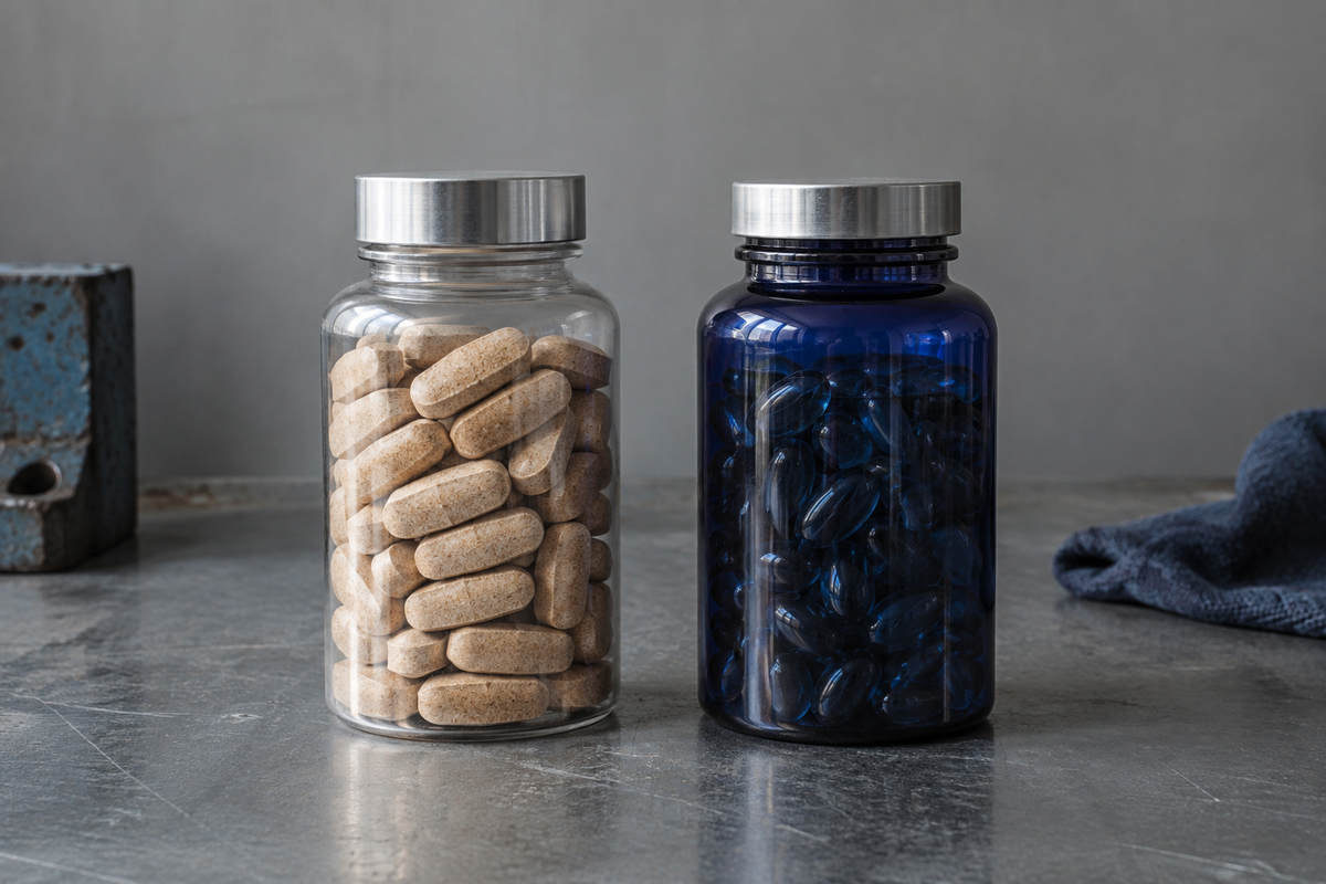 OmegaXL supplement facts panel next to Blue Collar Nutrition Joint supplement facts