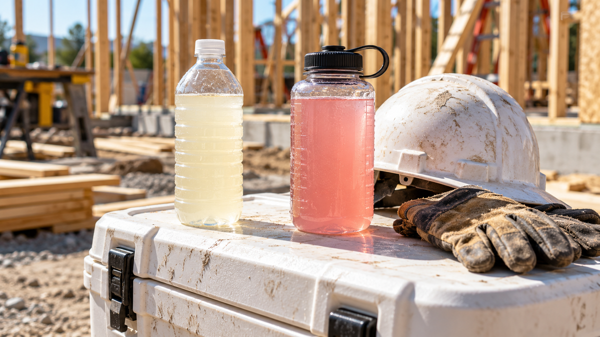 Electrolyte drink bottle and a glass of electrolyte mix on a job site cooler, comparing Pedialyte and Gatorade