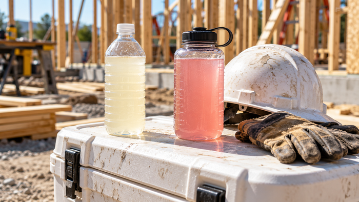 Electrolyte drink bottle and a glass of electrolyte mix on a job site cooler, comparing Pedialyte and Gatorade
