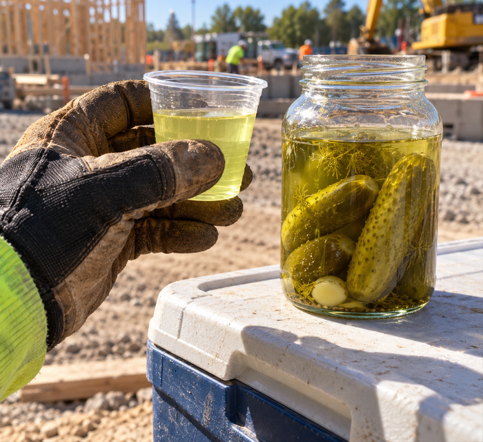 Worker holding a small cup of pickle juice next to an open pickle jar on a job site cooler