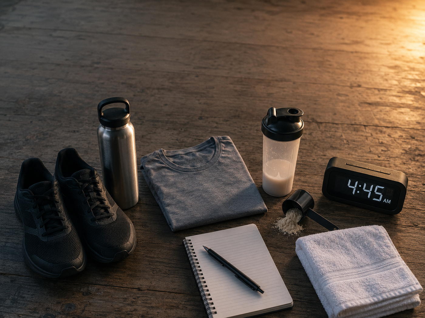 Police academy recruit morning prep — athletic running shoes, stainless water bottle, supplement scoop, study notebook, and folded gray PT shirt laid out on a wooden table at dawn