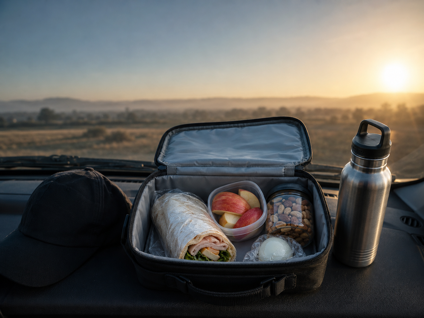 Open soft cooler bag on a dark dashboard at sunrise containing a turkey wrap, sliced apple, mixed nuts, and a steel water bottle — showing meal prep for a 12-hour police shift