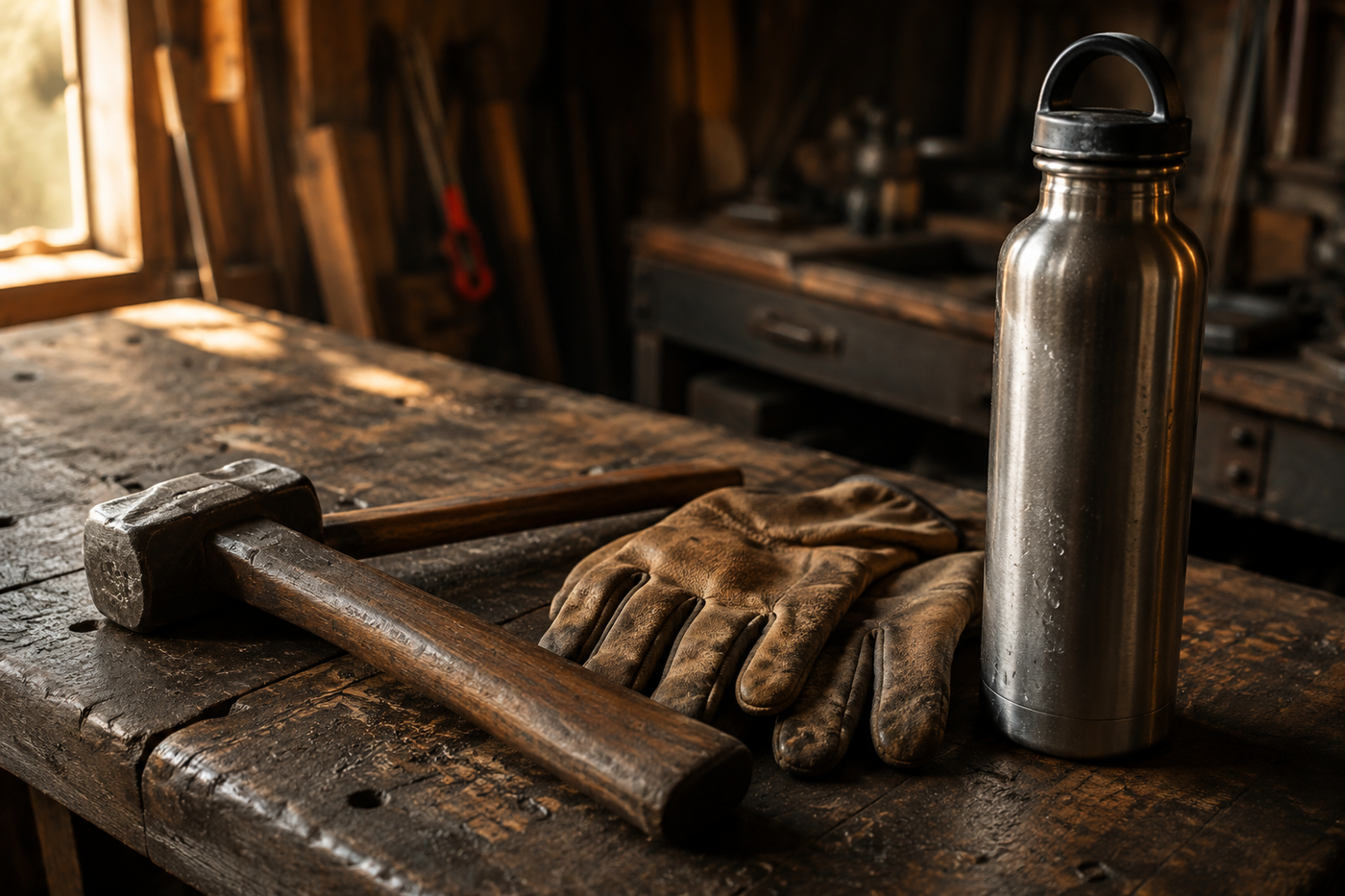 Steel hammer, work gloves, and a water bottle on a workbench representing an all-day natural performance stack for working men over 30