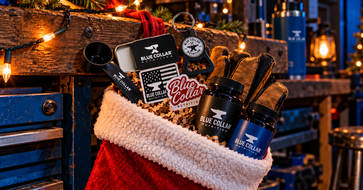 Christmas stocking filled with a bottle opener keychain, pocket pill tin, hard hat stickers, and supplement bottles