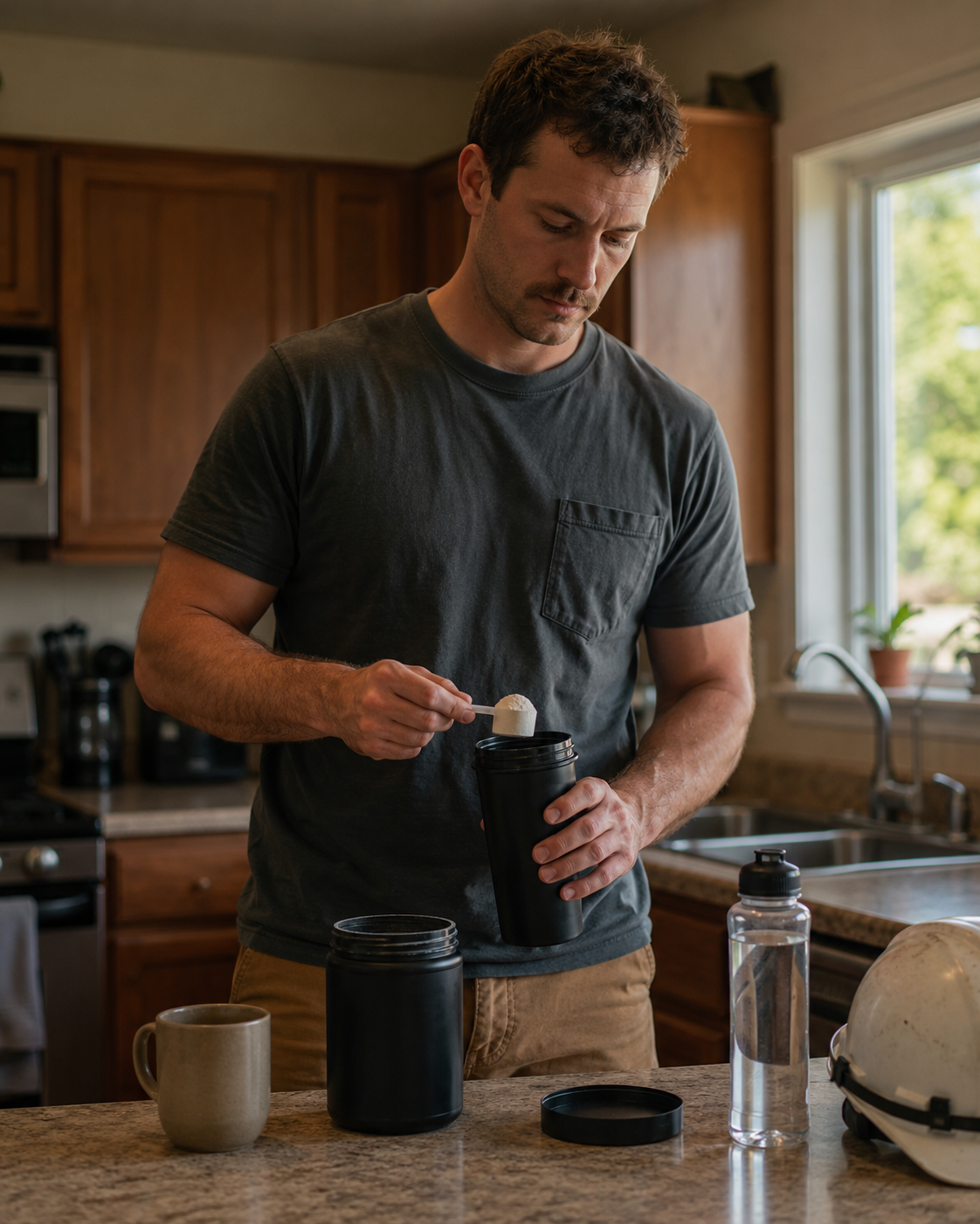 Construction worker scooping creatine powder into a shaker bottle at home before a morning shift