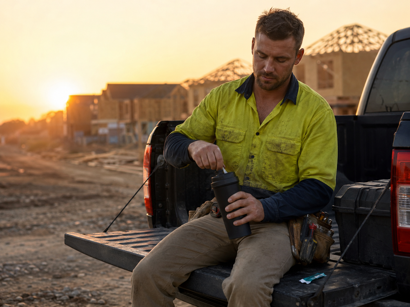 Construction worker mixing a powdered energy drink in a shaker bottle before a morning shift on a job site