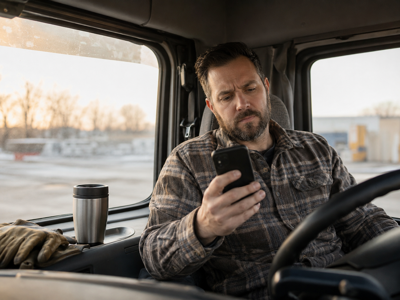 Blue-collar worker checking supplement reviews on his phone during a work break