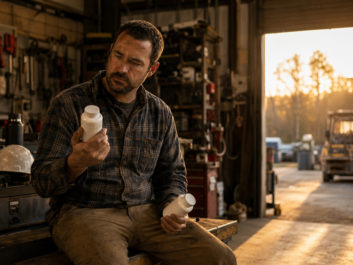 Blue-collar worker reading a supplement label at a workshop bench, comparing tradesman nutrition options