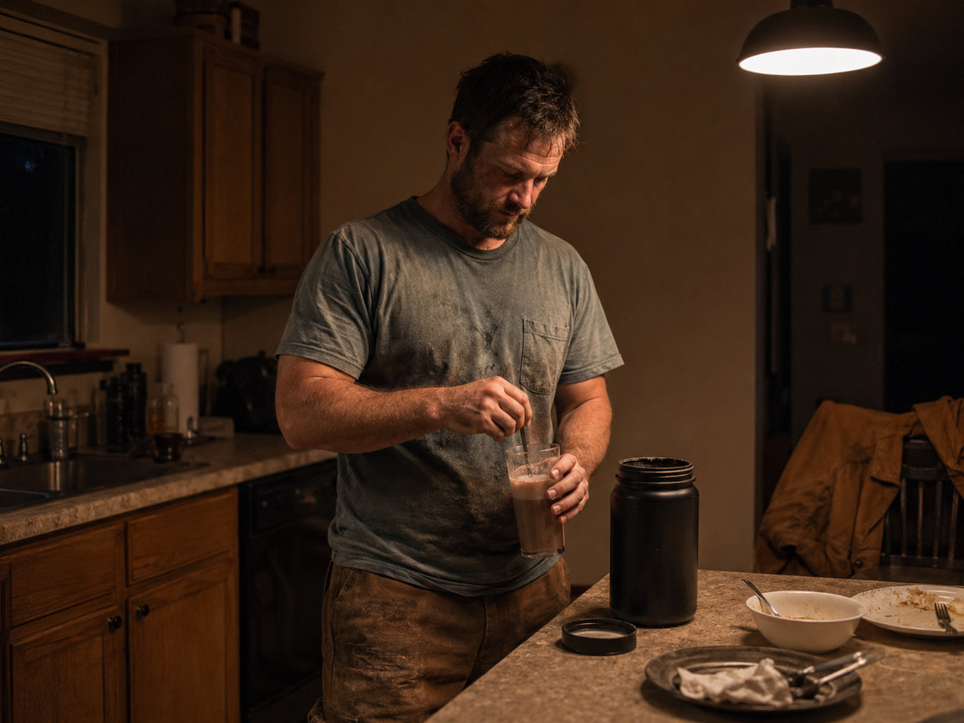 Tired worker home from a long shift, mixing a sleep supplement drink in the kitchen before bed