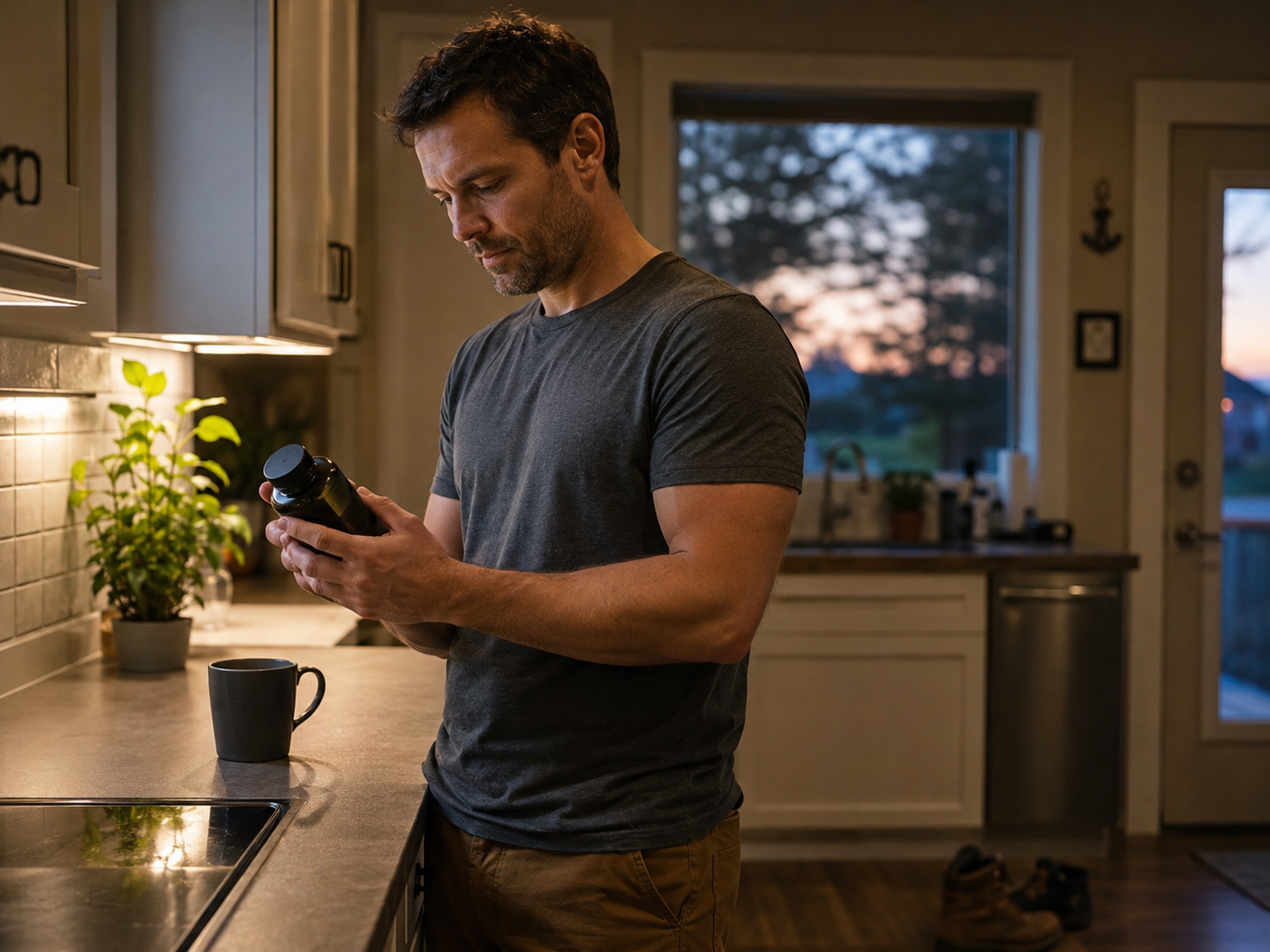 Working man in his 30s reading a testosterone supplement bottle label at home, evaluating ingredients