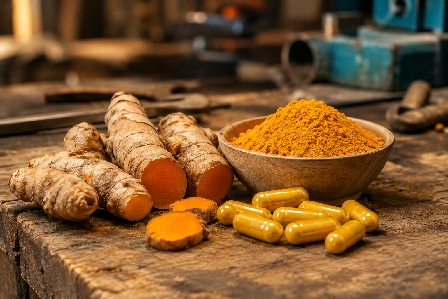 Turmeric root powder and capsules on a workbench, supplement for joint health for hard workers