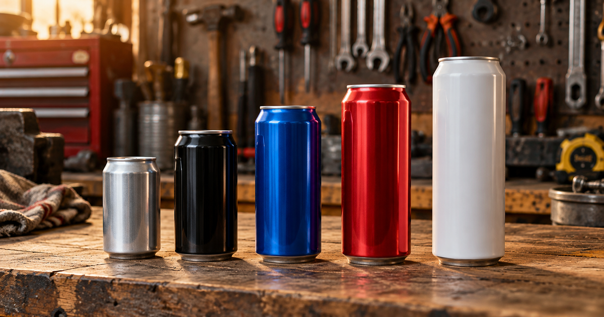 Row of unbranded energy drink cans lined up from smallest to largest on a workbench