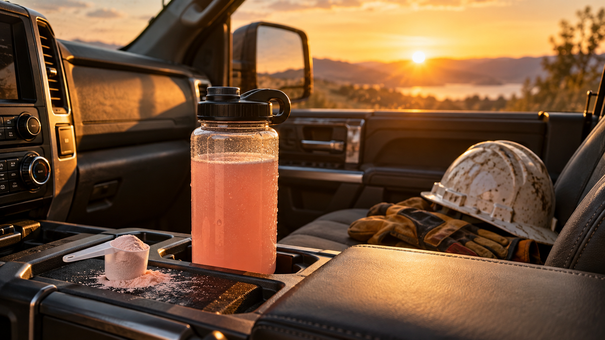 Scoop of BCAA recovery powder next to a clear bottle in a work truck at the end of a shift