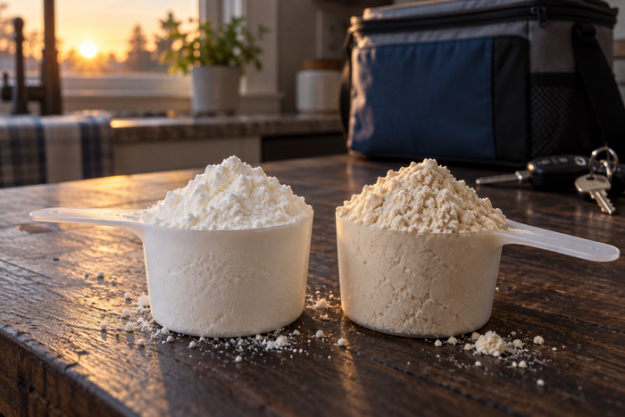 Whey isolate vs whey concentrate protein powder side by side